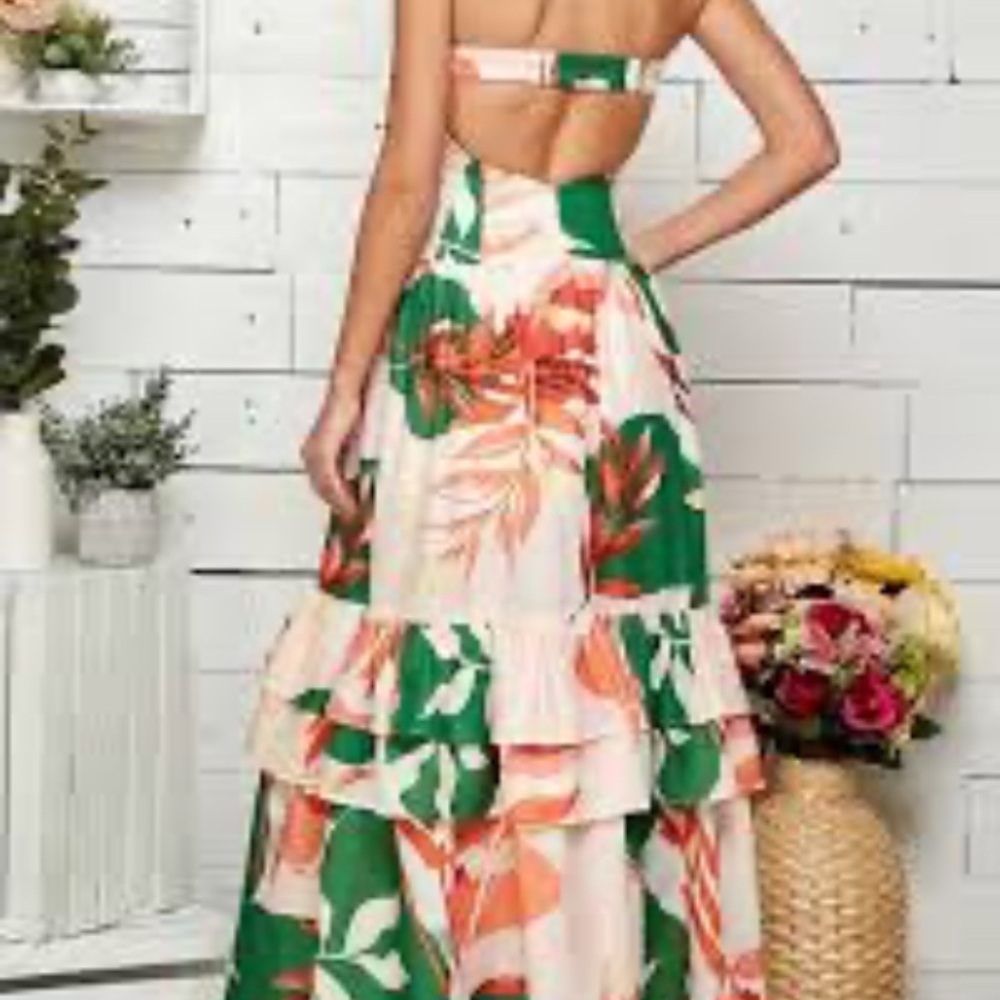 Hudson Gray Tropical Ruffled Tiered Halter Sundress Maxi Boho Beachy NWOT